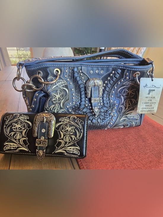 Handbags - Western Women's Buckle Rhinestone Studs Concealed Carry Handbag Purse Wallet Set